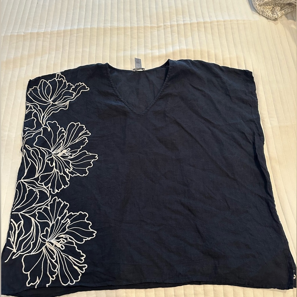 J. Jill Navy Blue Top with White Floral Design